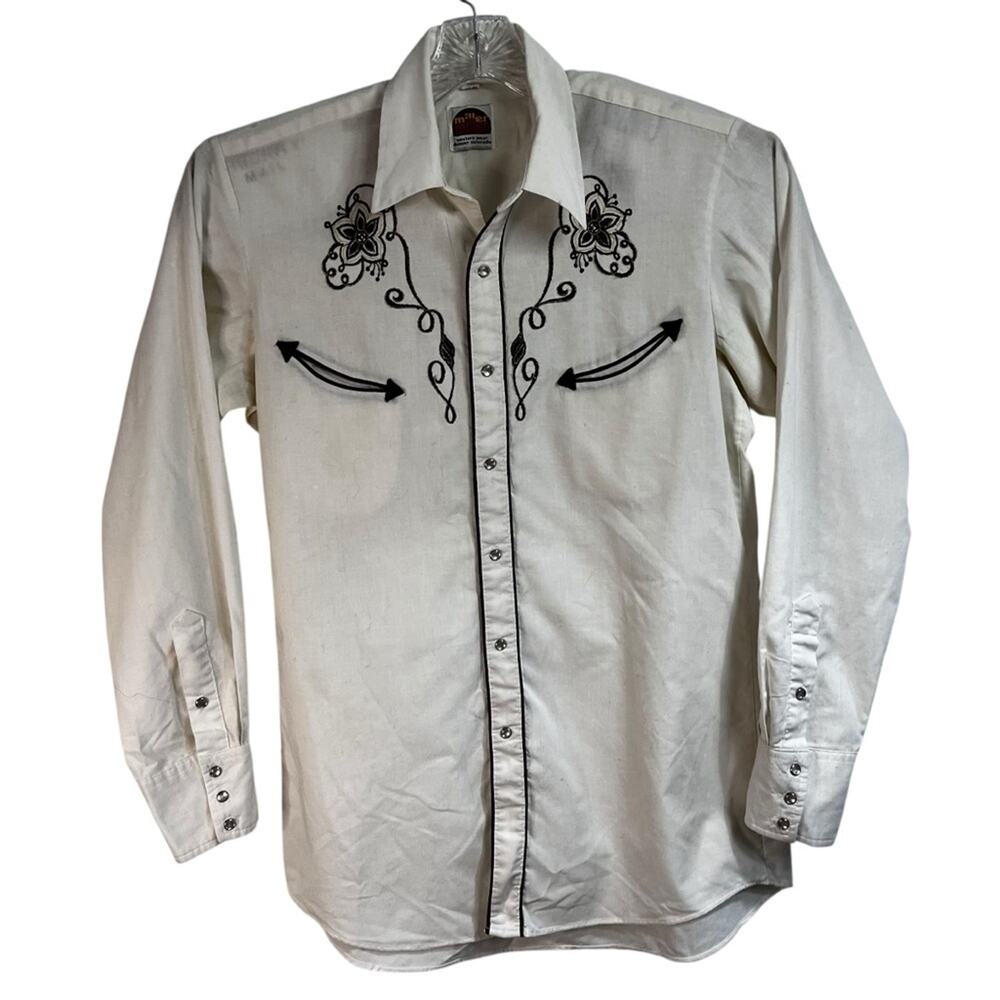 Vintage 70s Miller Western Wear Pearl Snap Shirt – Embroidered Floral Rodeo – L